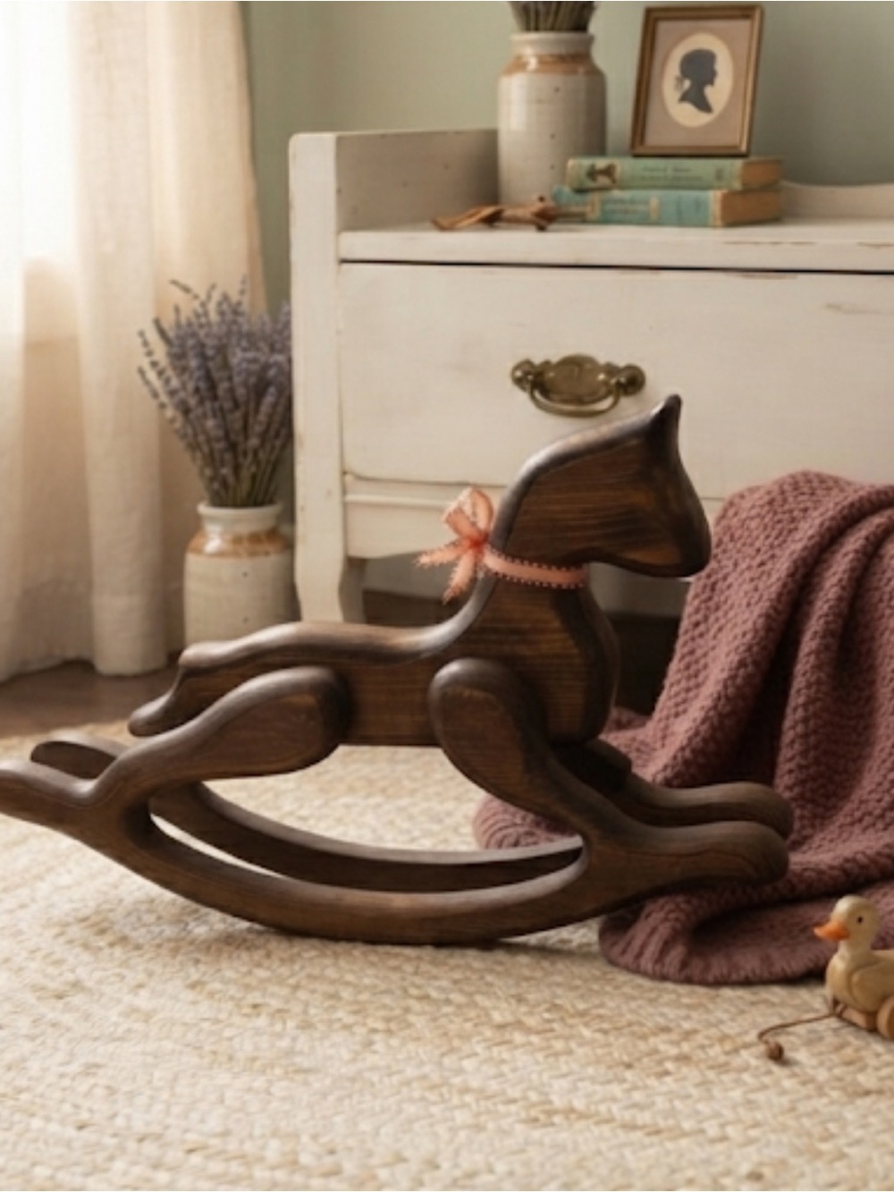 Handmade Wooden Rocking Horse Figurine with Ribbon 15” x 10”